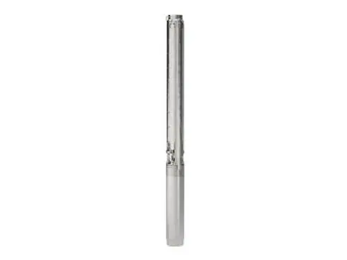 Vertikale Unterwasserpumpe von Grundfos mit schmalem, zylindrischem Design und einem Anschlussstück am oberen Ende. Ideal für Brunnenanwendungen.